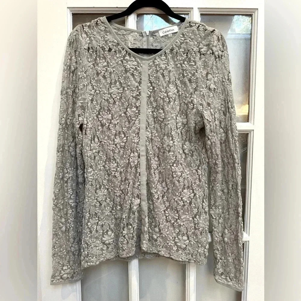 Vintage Calvin Klein Grey Stretchy Lace Floral Long Sleeve Blouse Size Large Y2K